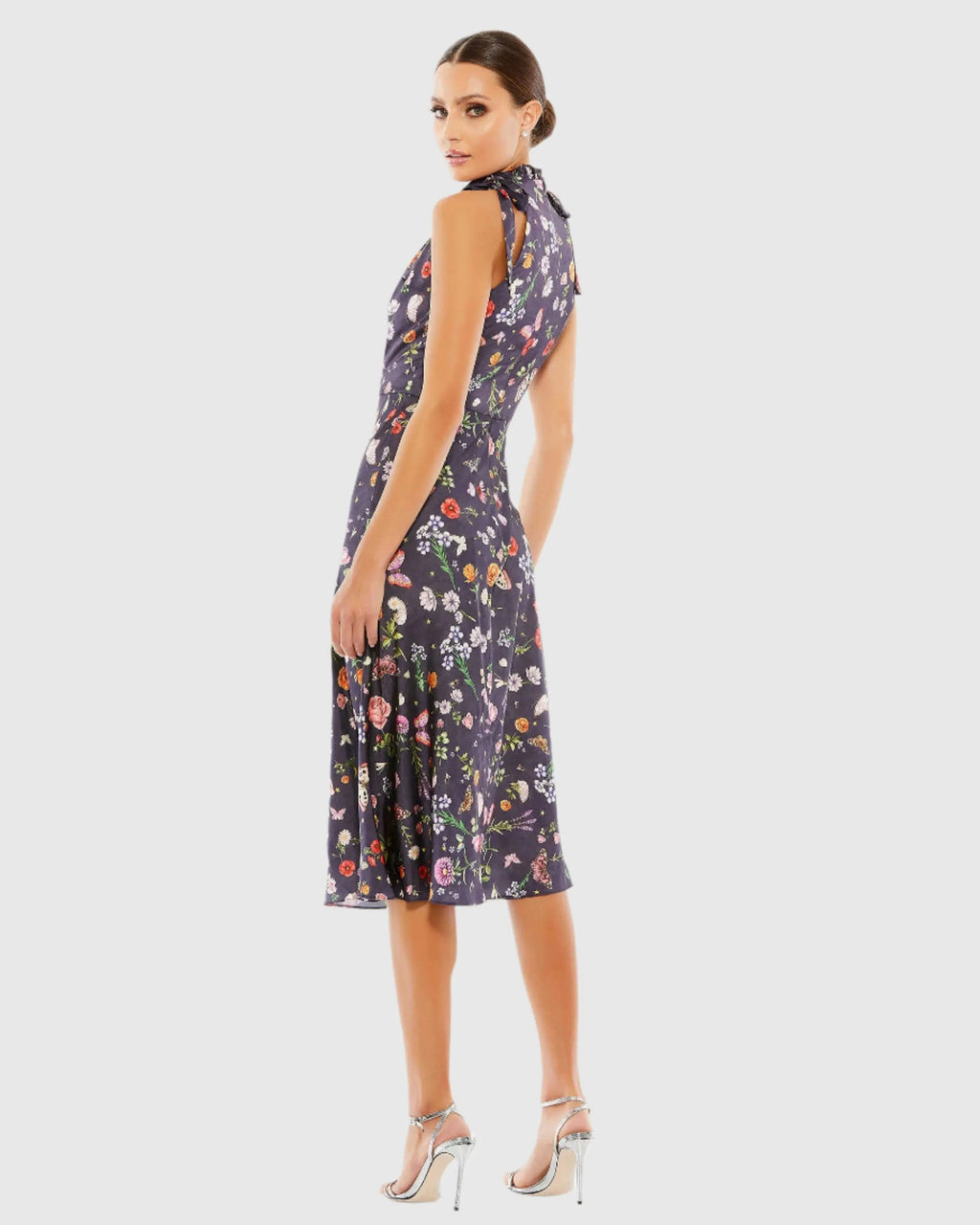 Women's Purple Midi Dress Floral - Purple Satin Ruffle