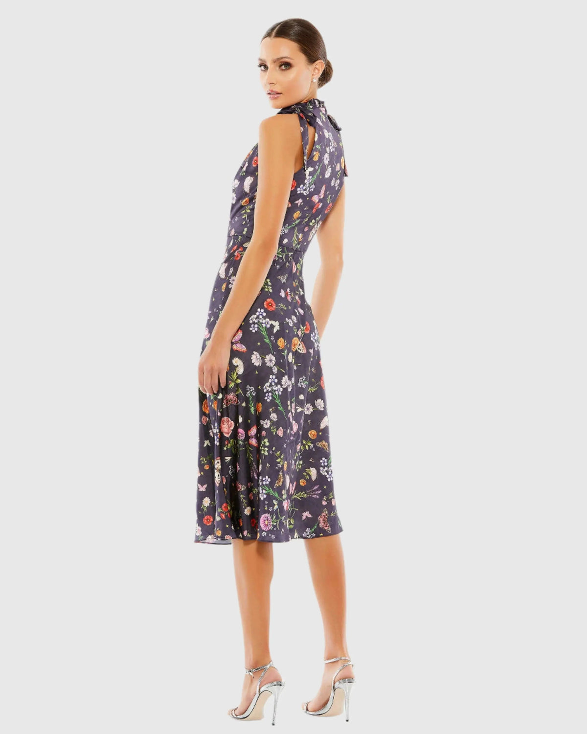 Women's Purple Midi Dress Floral - Purple Satin Ruffle