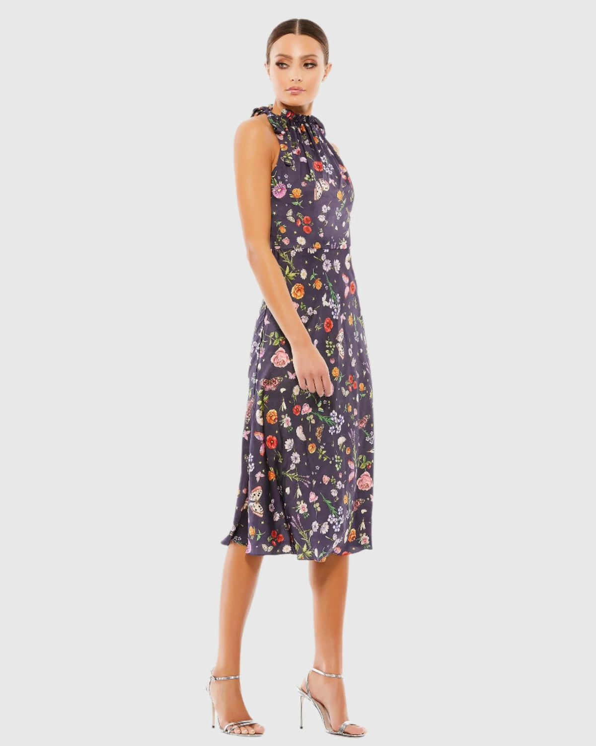 Women's Purple Midi Dress Floral - Purple Satin Ruffle