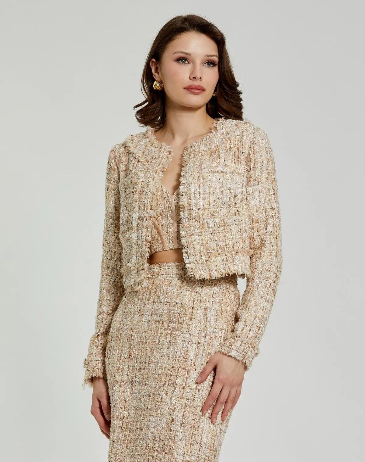 Women's Beige Long Sleeve Cropped Boucle Jacket