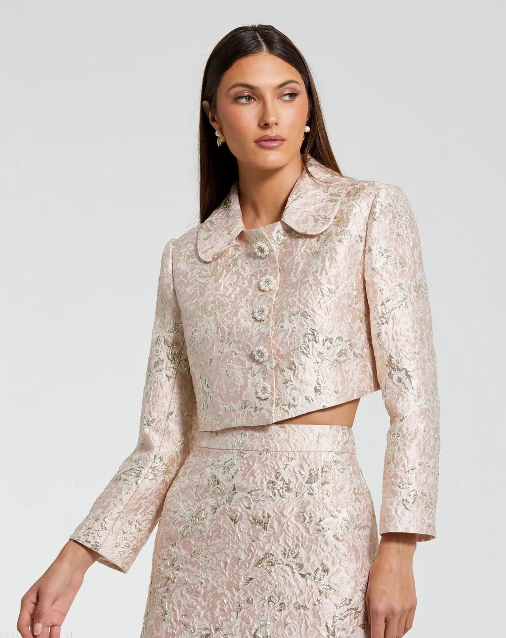 Women's Pink Pearl Button Brocade Cropped Jacket