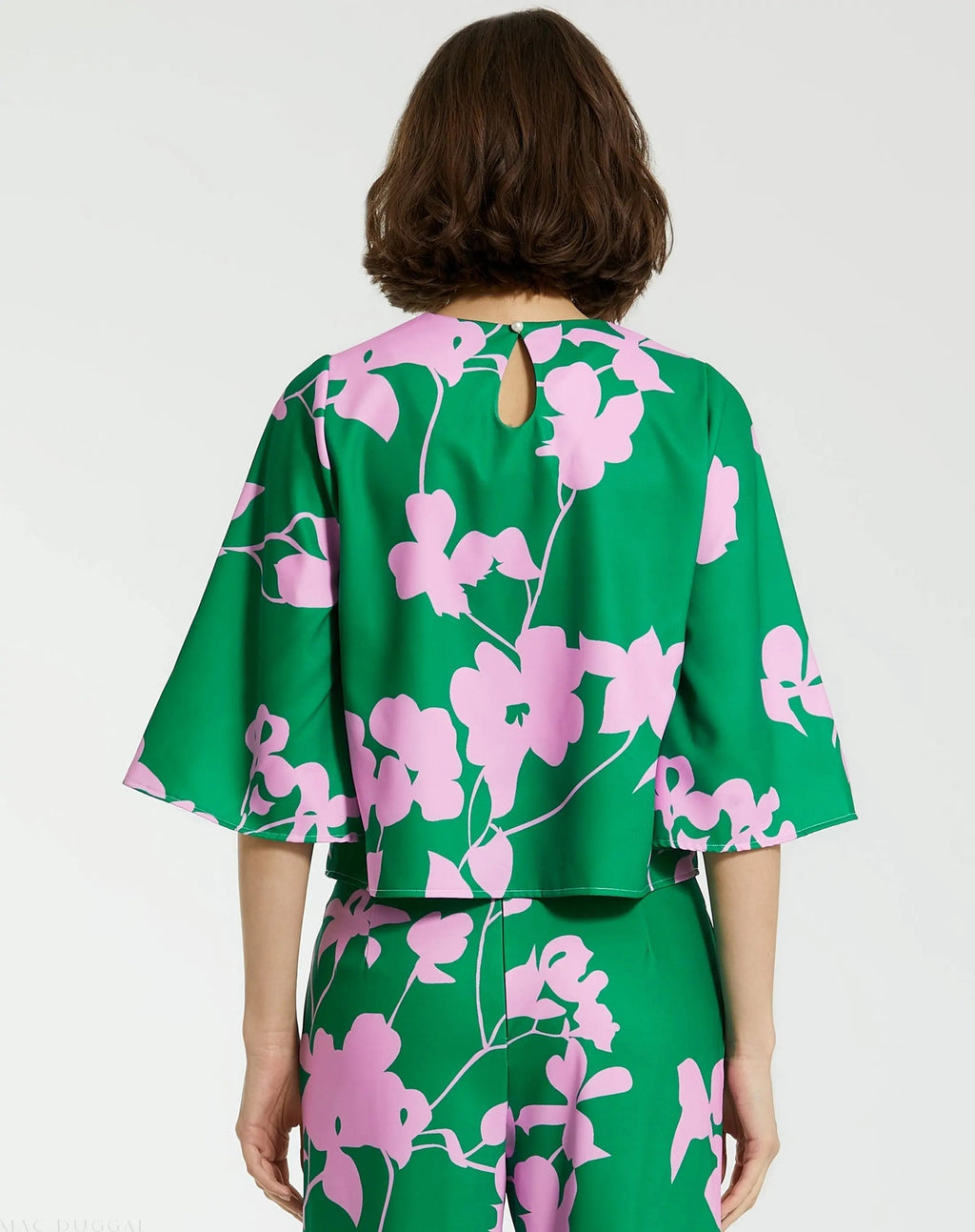 Women's Green Printed Crepe 3/4 Bell Sleeve High Neck Top FINAL SALE