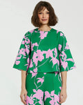Women's Green Printed Crepe 3/4 Bell Sleeve High Neck Top FINAL SALE