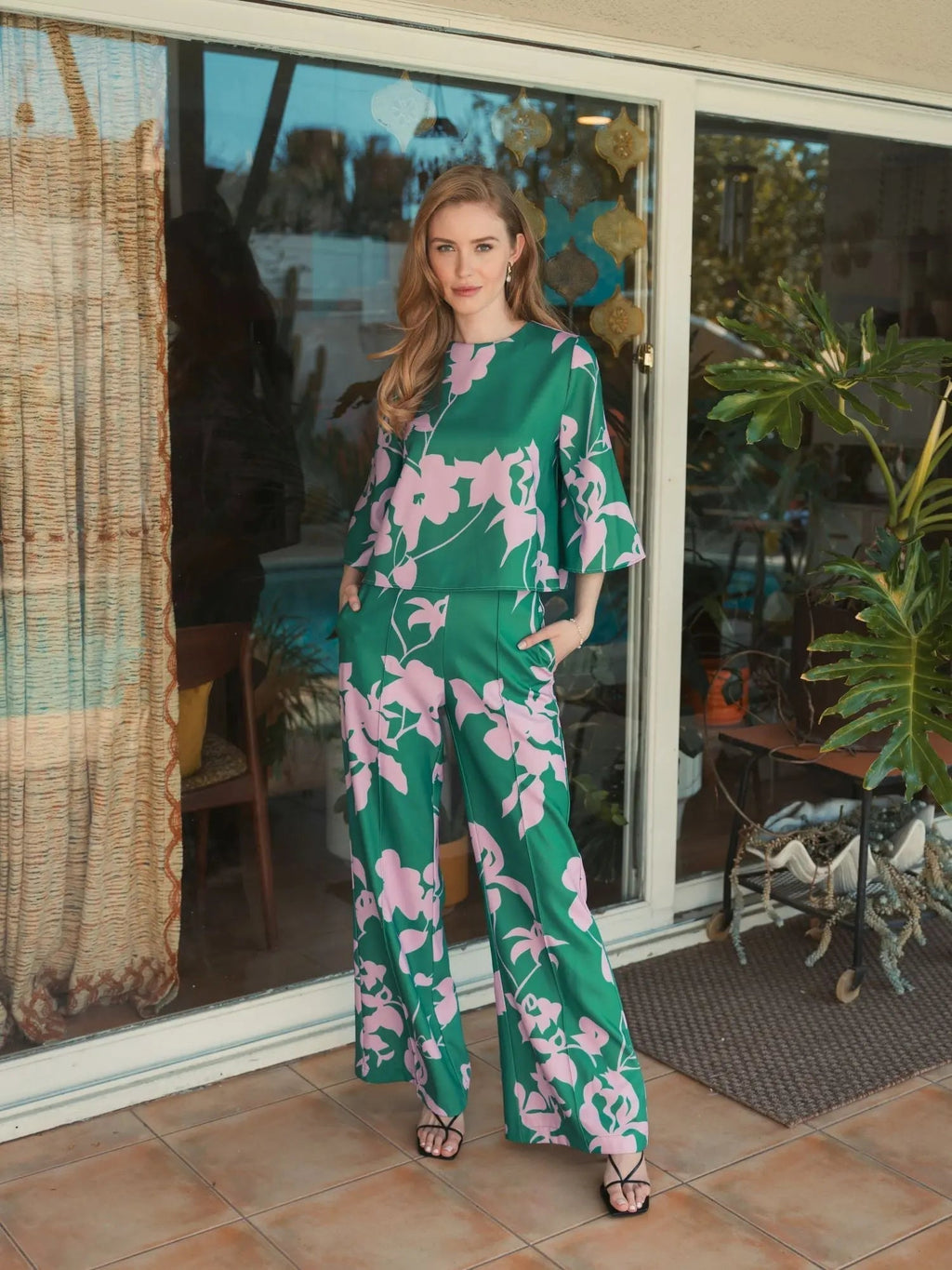 Women's Green Printed Crepe 3/4 Bell Sleeve High Neck Top FINAL SALE