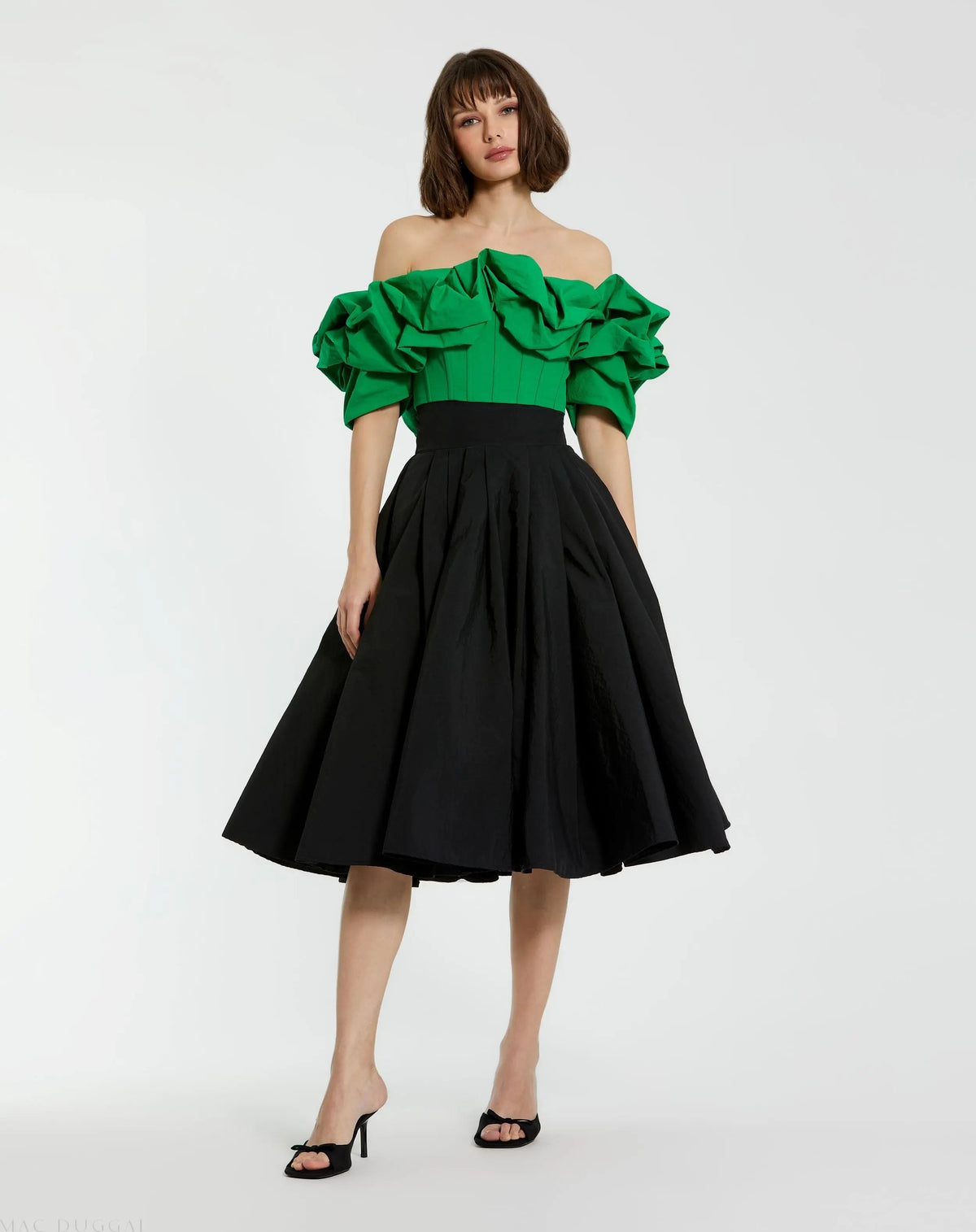 Women's Black Midi Dress - Black Pleated