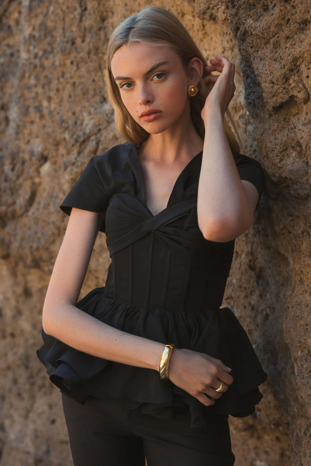 Women's Black Faille Twist Bustier Peplum Top