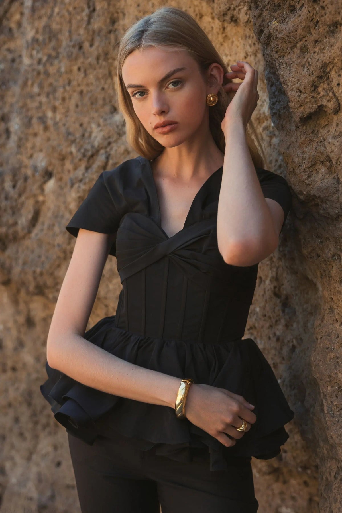 Women's Black Faille Twist Bustier Peplum Top