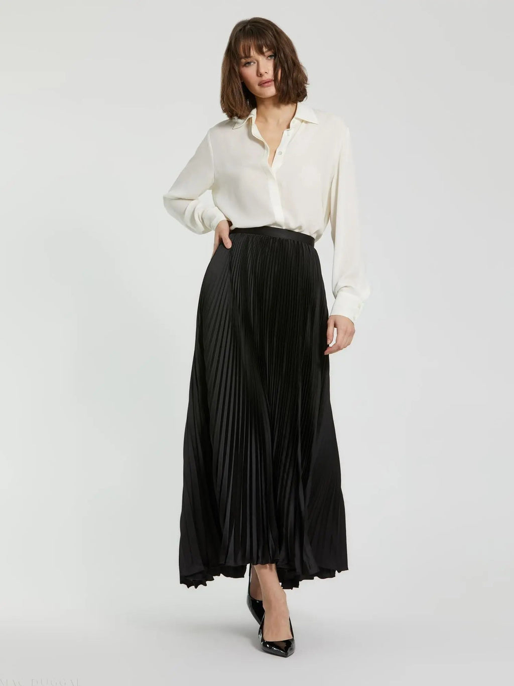 Women's Black Ankle Length Satin Pleated Skirt