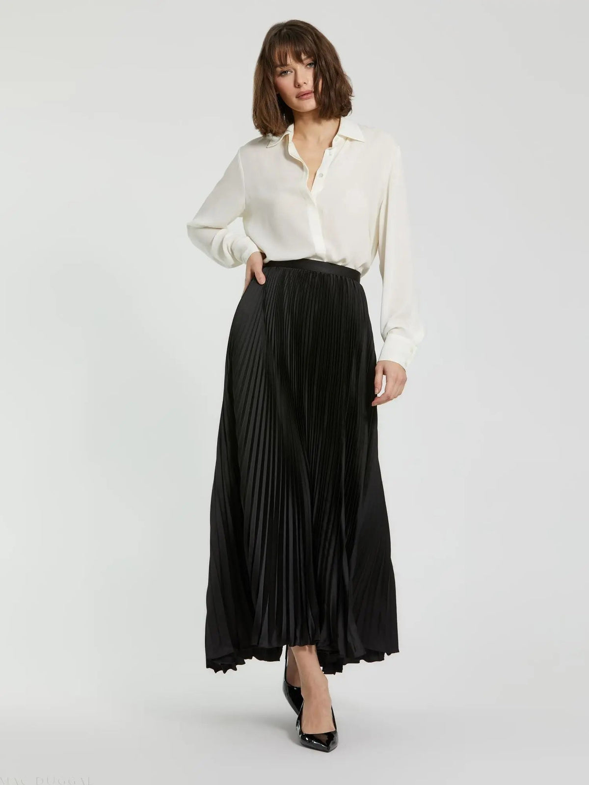 Women's Black Ankle Length Satin Pleated Skirt