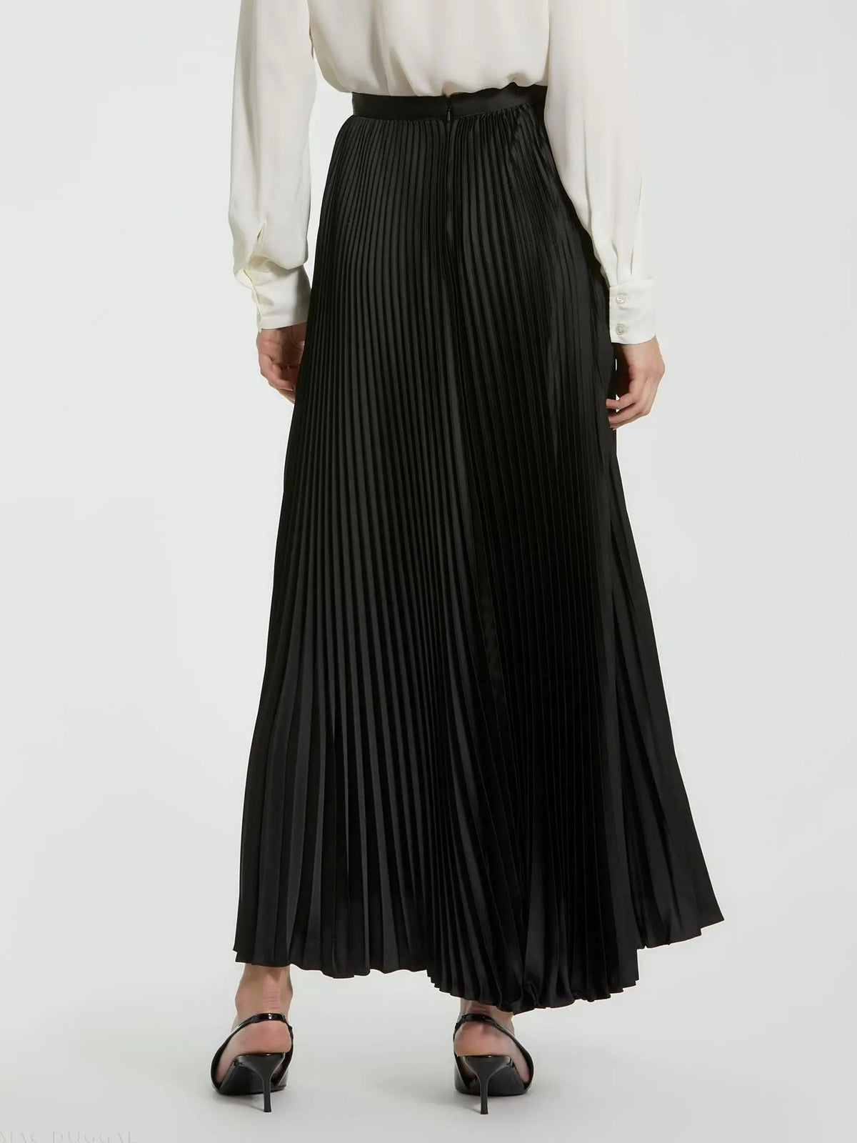 Women's Black Ankle Length Satin Pleated Skirt
