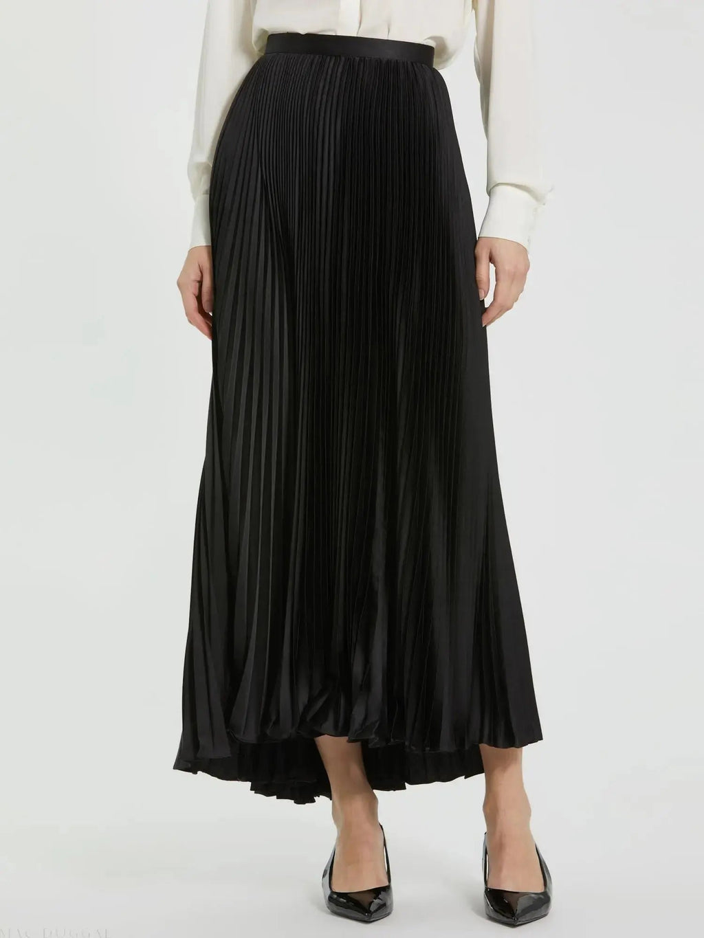 Women's Black Ankle Length Satin Pleated Skirt