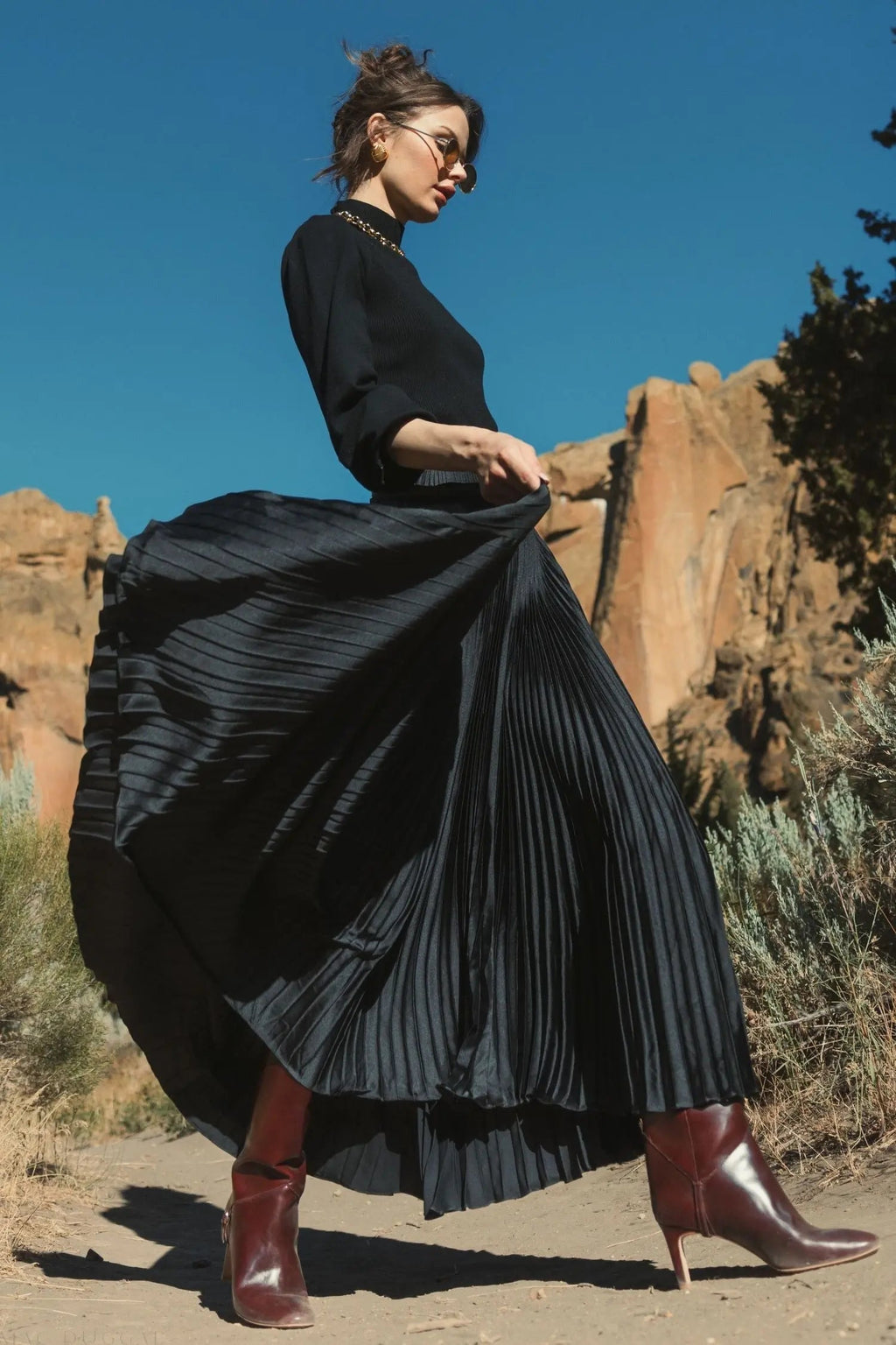 Women's Black Ankle Length Satin Pleated Skirt
