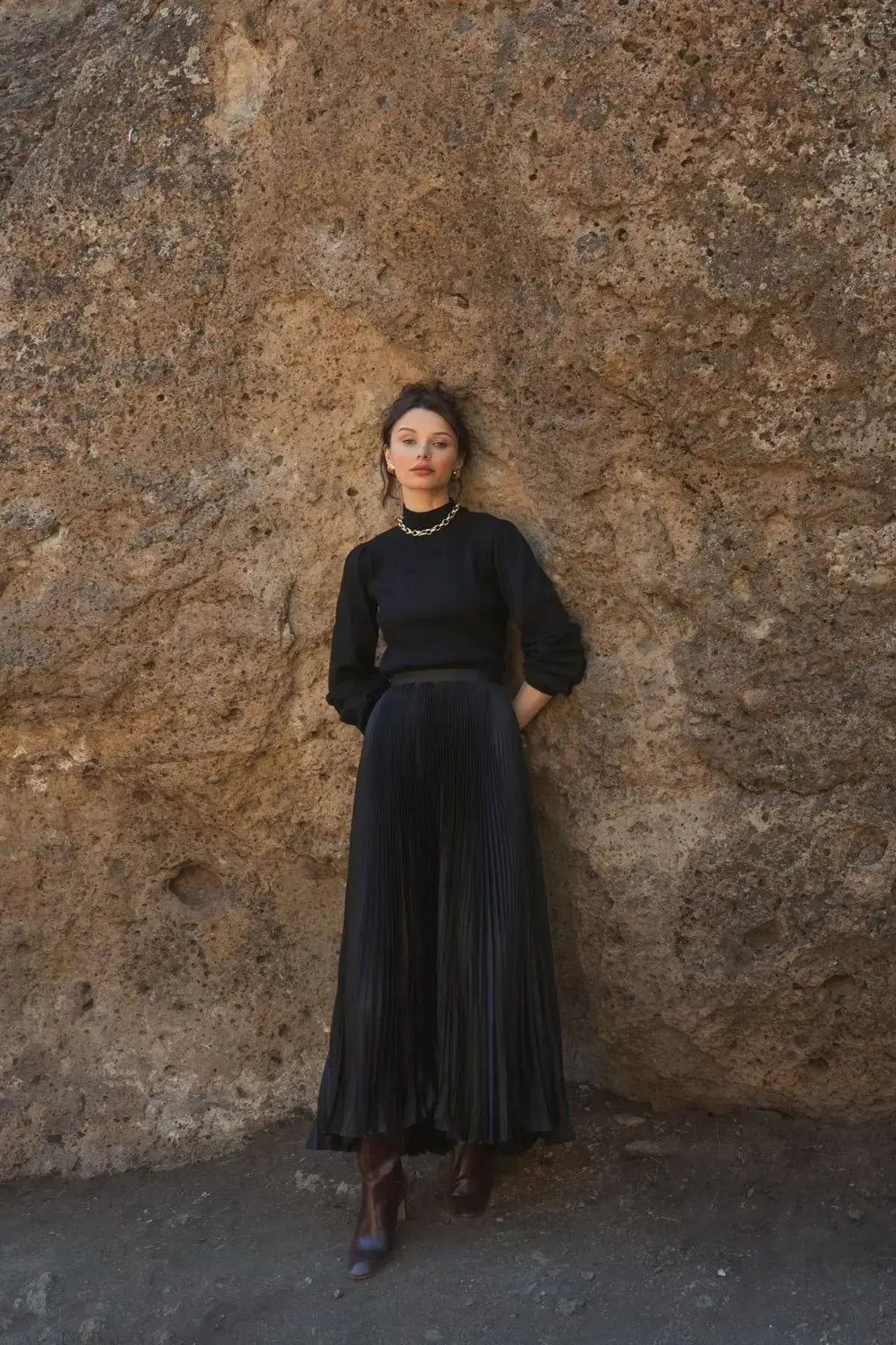 Women's Black Ankle Length Satin Pleated Skirt