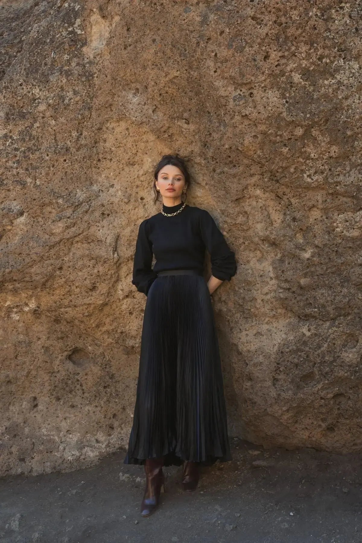 Women's Black Ankle Length Satin Pleated Skirt