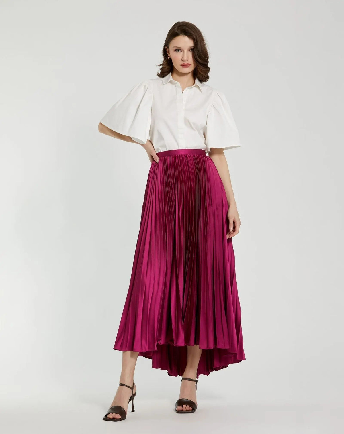 Women's Purple Pleated Ankle Length Satin Pleated Skirt