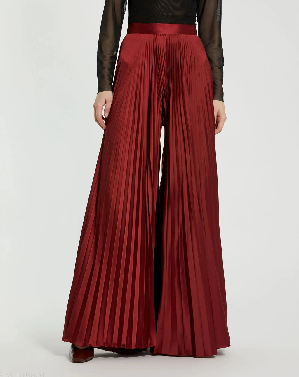 Women's Red Pleated Charmeuse Wide Leg Pants