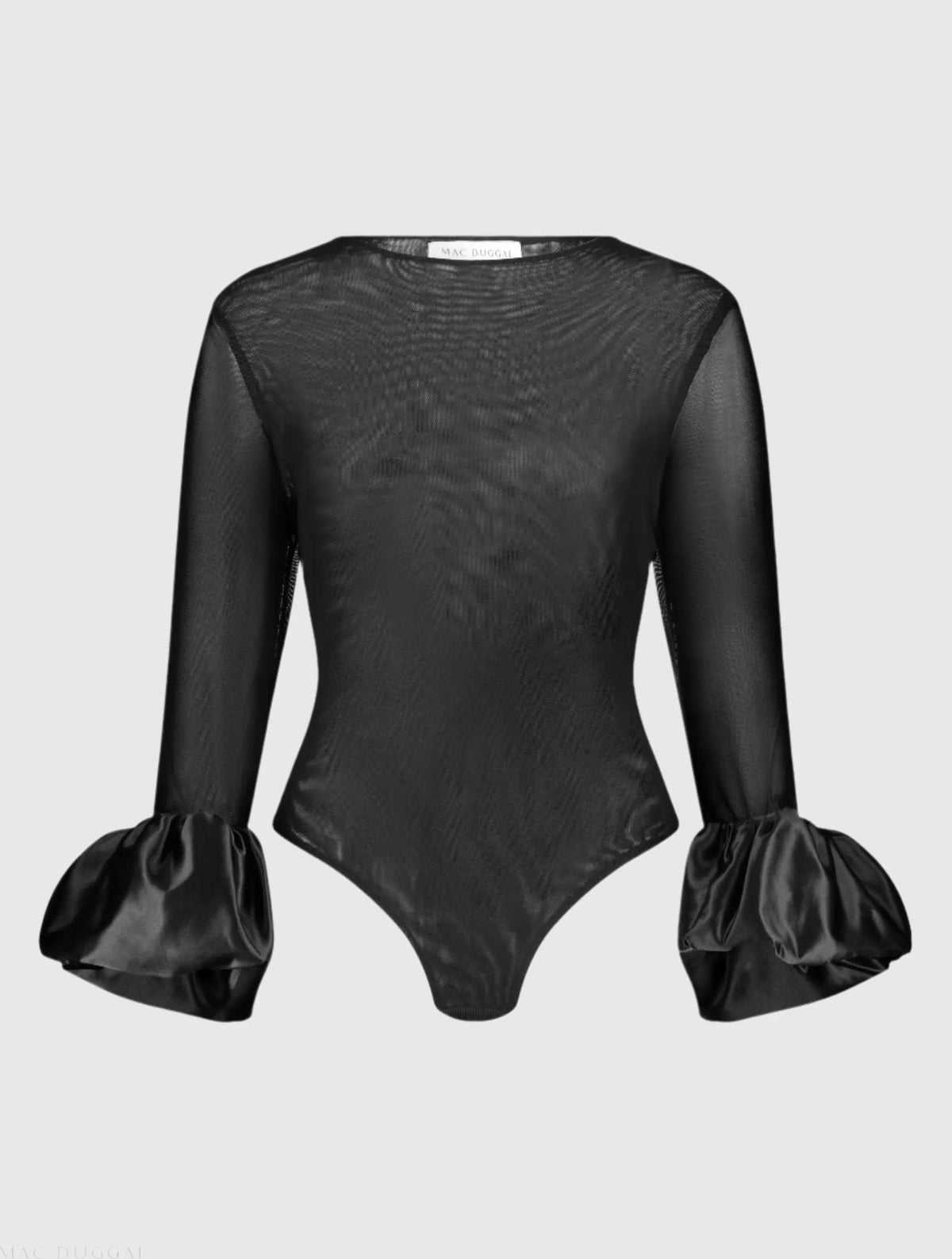 Black Mesh Long Sleeve Bodysuit With Satin Puff Sleeve