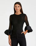 Black Mesh Long Sleeve Bodysuit With Satin Puff Sleeve