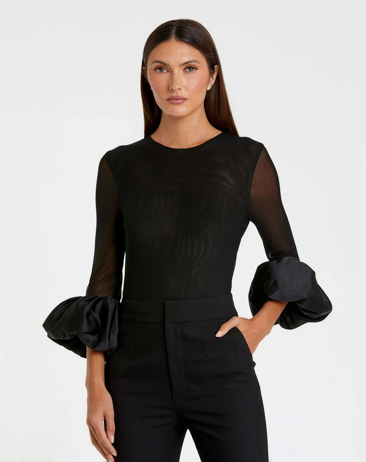 Black Mesh Long Sleeve Bodysuit With Satin Puff Sleeve