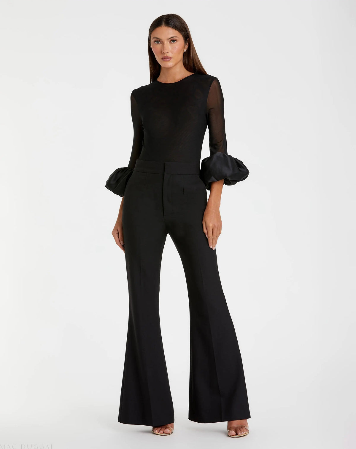Black Mesh Long Sleeve Bodysuit With Satin Puff Sleeve