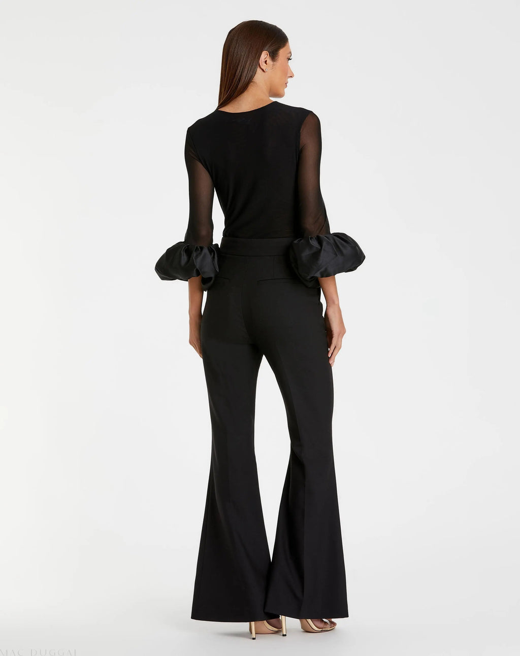 Black Mesh Long Sleeve Bodysuit With Satin Puff Sleeve