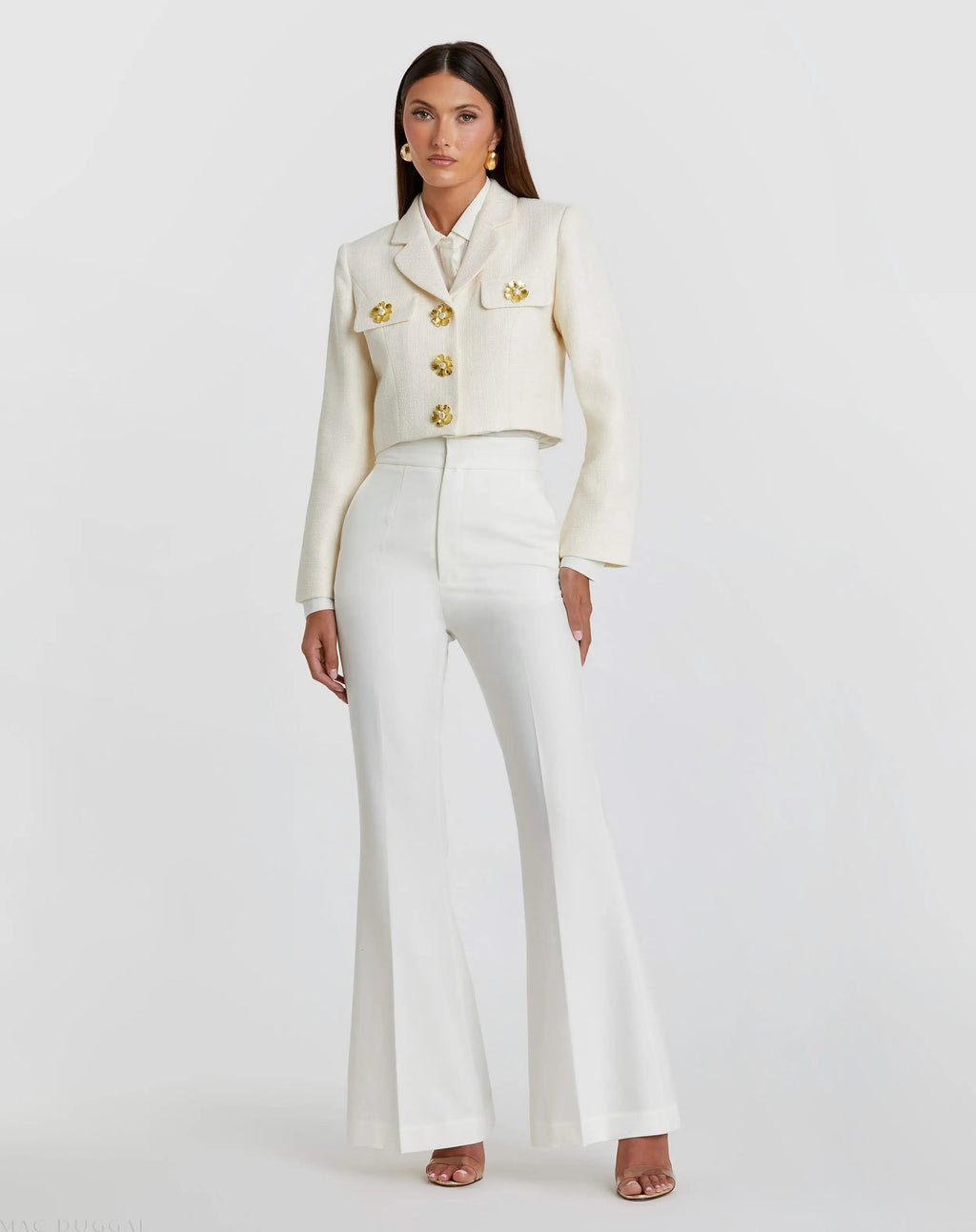 Women's White Cropped Tweed Floral Button Jacket FINAL SALE