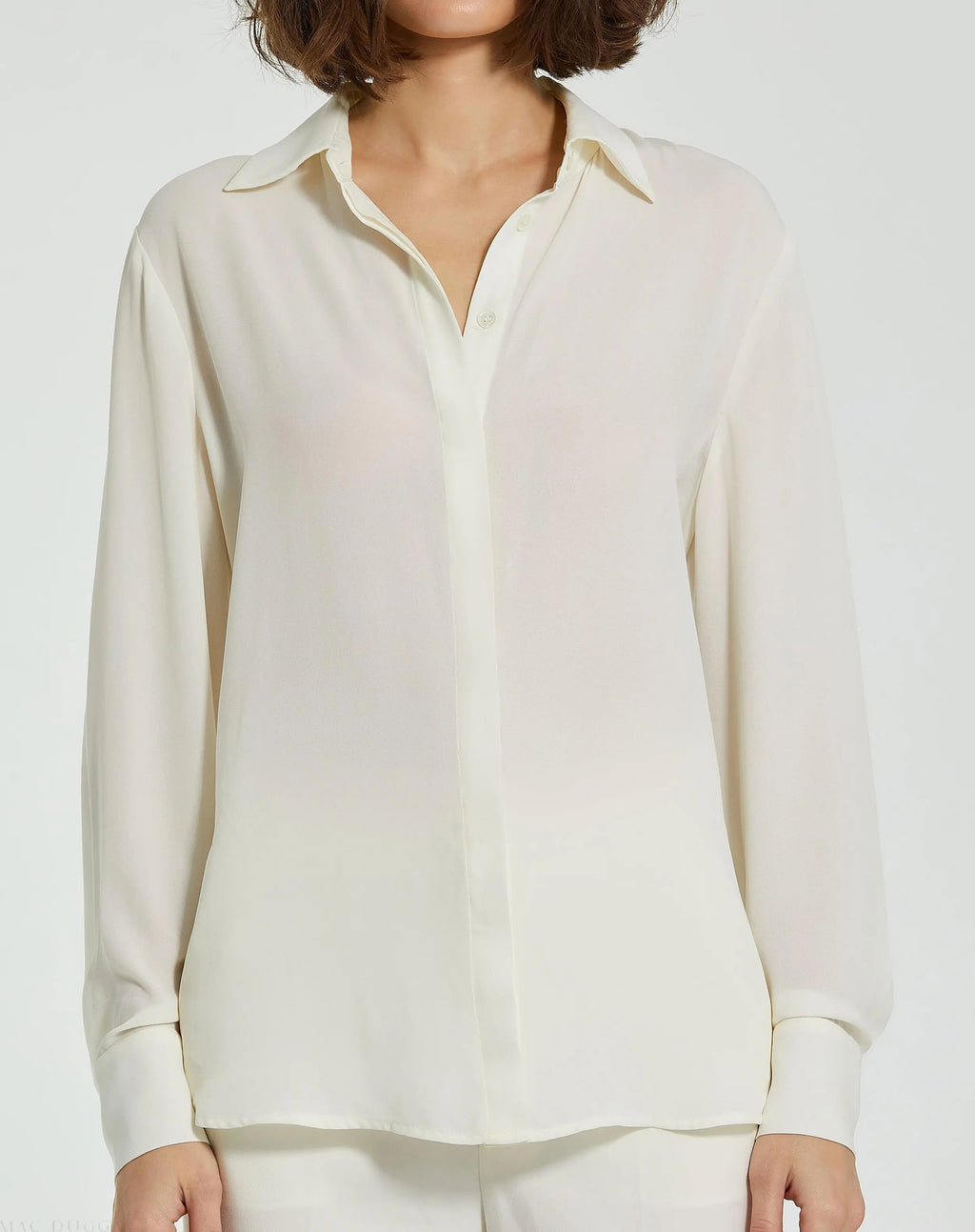 Women's The Bentley White Long Sleeve Button Up Georgette Blouse FINAL SALE
