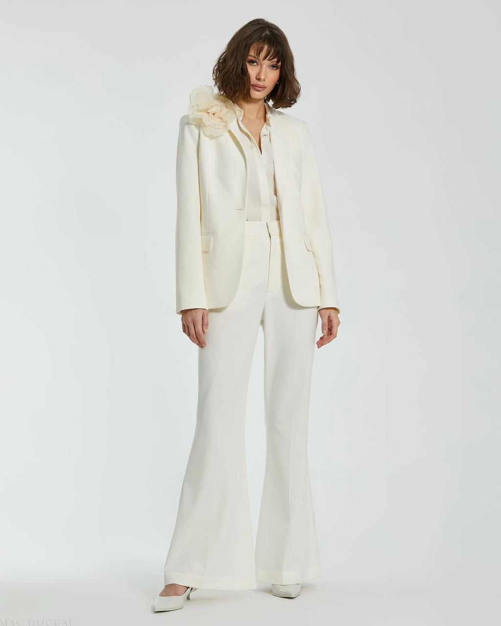 Women's Ivory Classic Crepe Blazer Jacket With Flower FINAL SALE