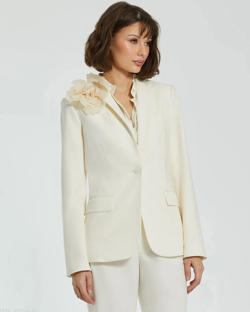 Women's Ivory Classic Crepe Blazer Jacket With Flower FINAL SALE
