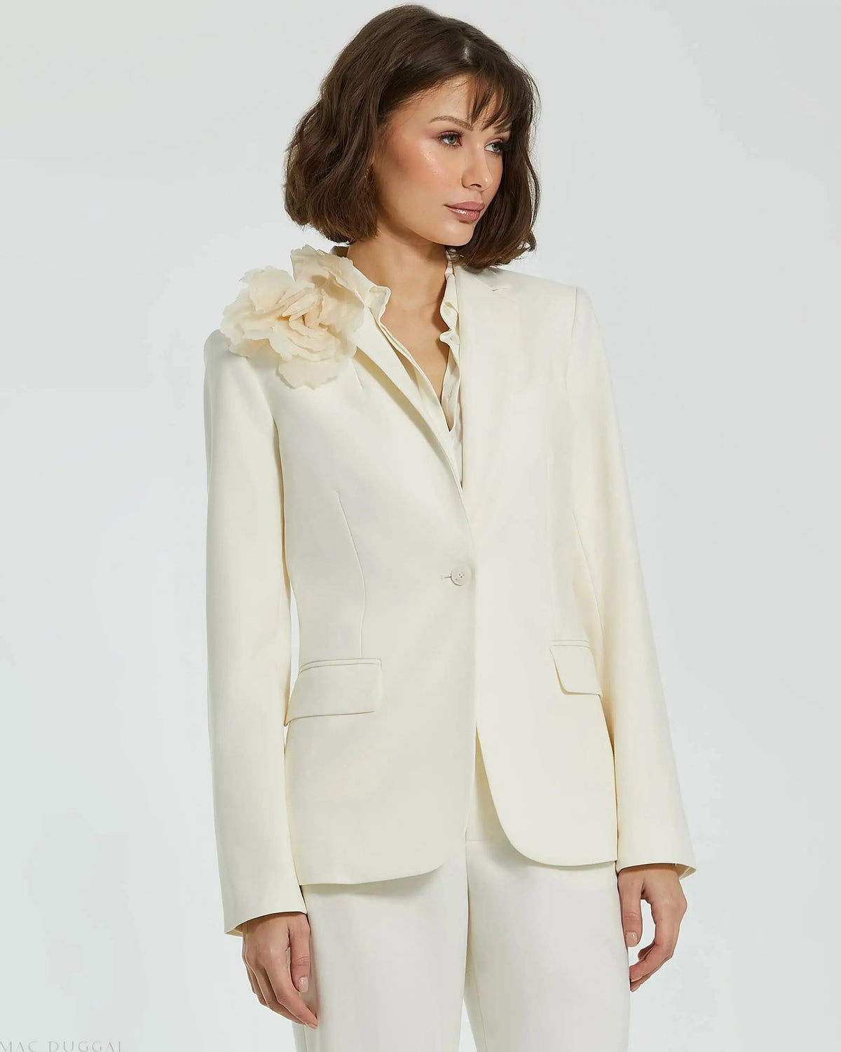 Women's Ivory Classic Crepe Blazer Jacket With Flower FINAL SALE