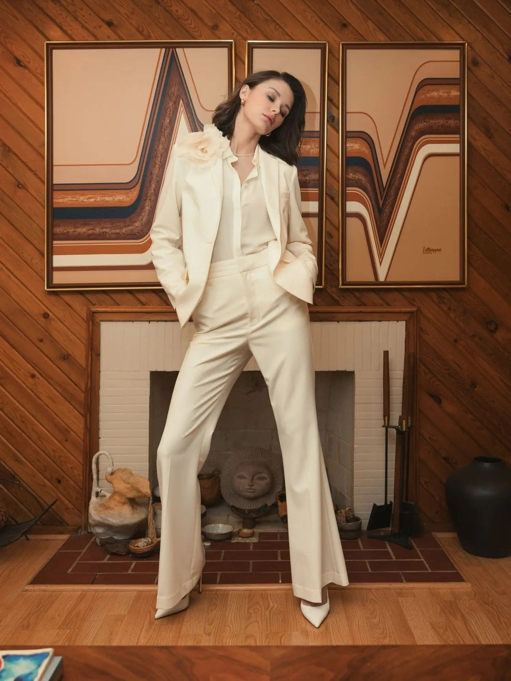 Women's Ivory Classic Crepe Blazer Jacket With Flower FINAL SALE