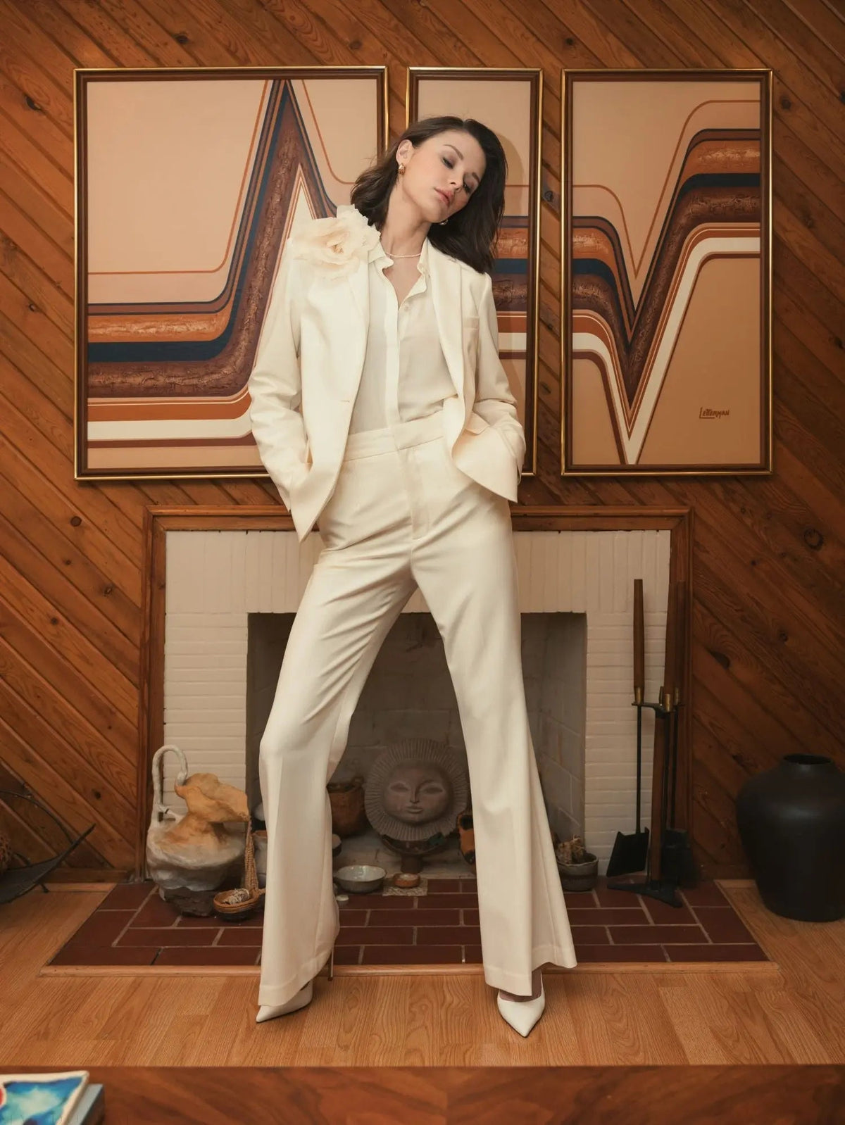 Women's Ivory Classic Crepe Blazer Jacket With Flower FINAL SALE
