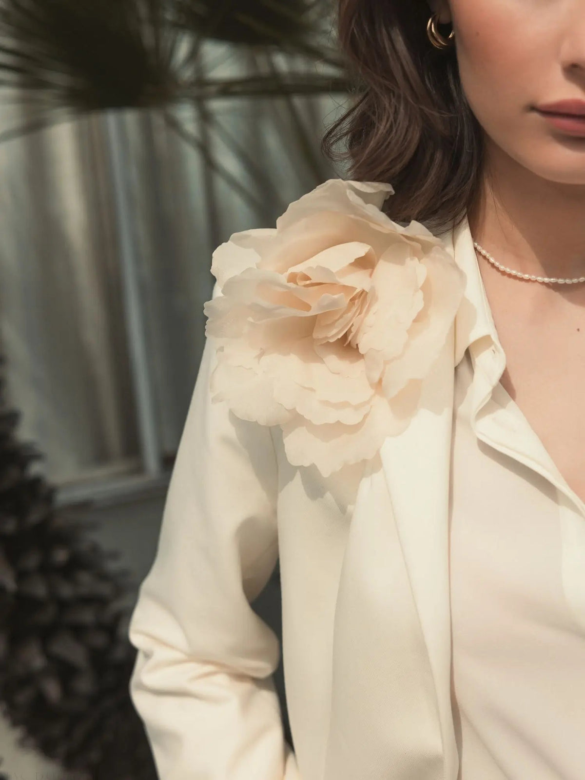 Women's Ivory Classic Crepe Blazer Jacket With Flower FINAL SALE