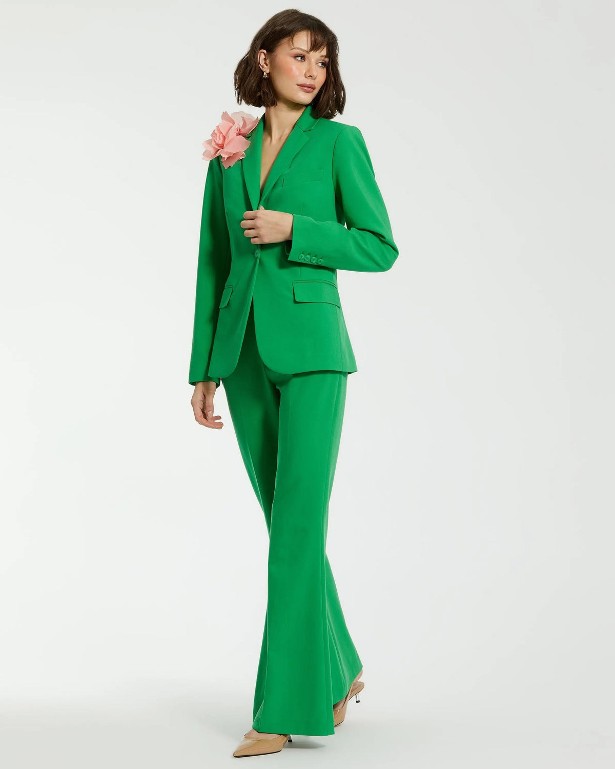 Women's Green Classic Crepe Blazer Jacket With Flower