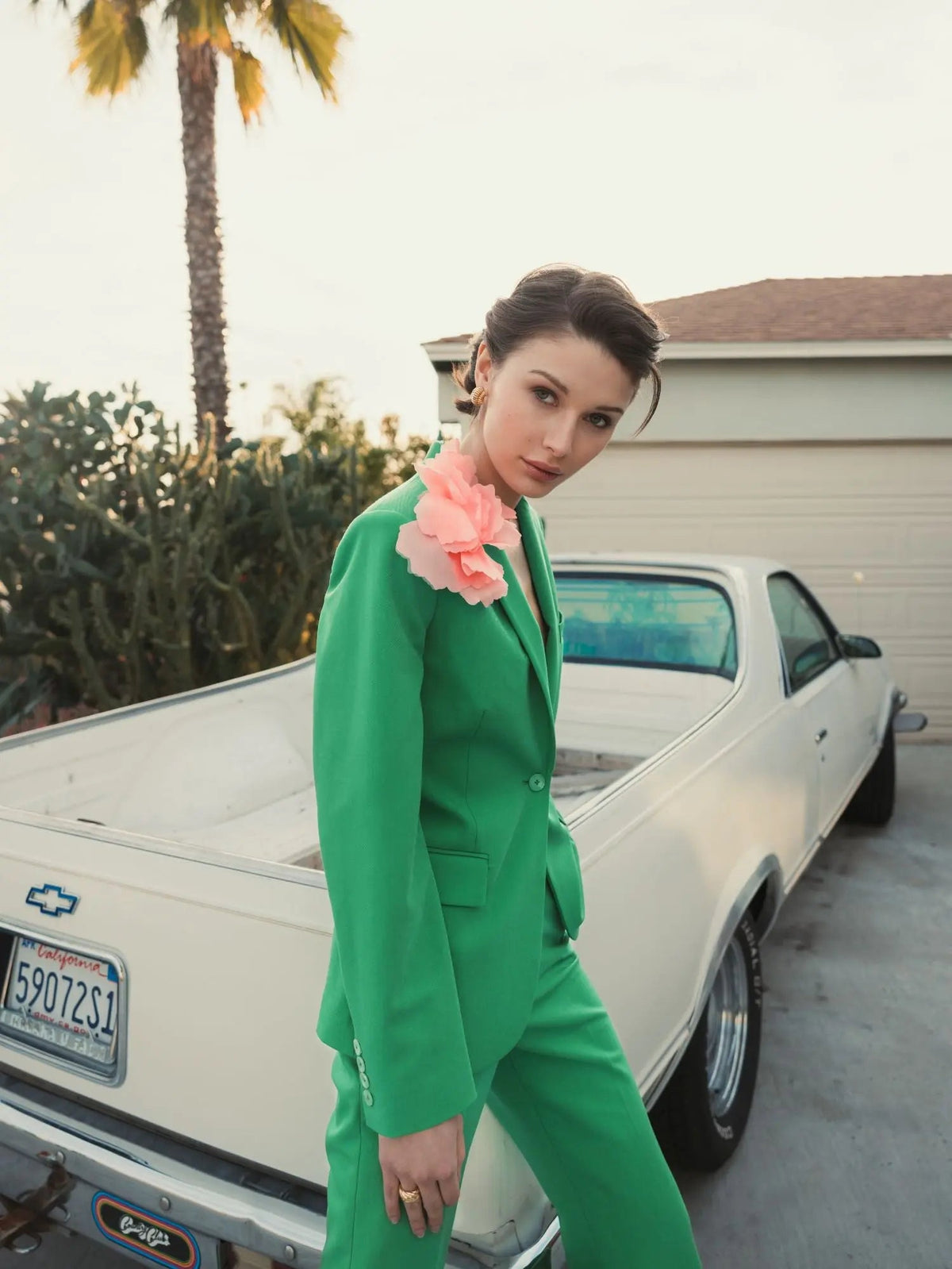 Women's Green Classic Crepe Blazer Jacket With Flower