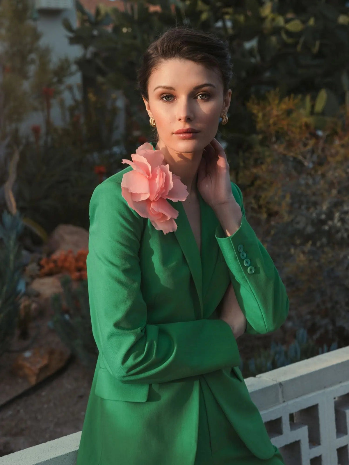Women's Green Classic Crepe Blazer Jacket With Flower