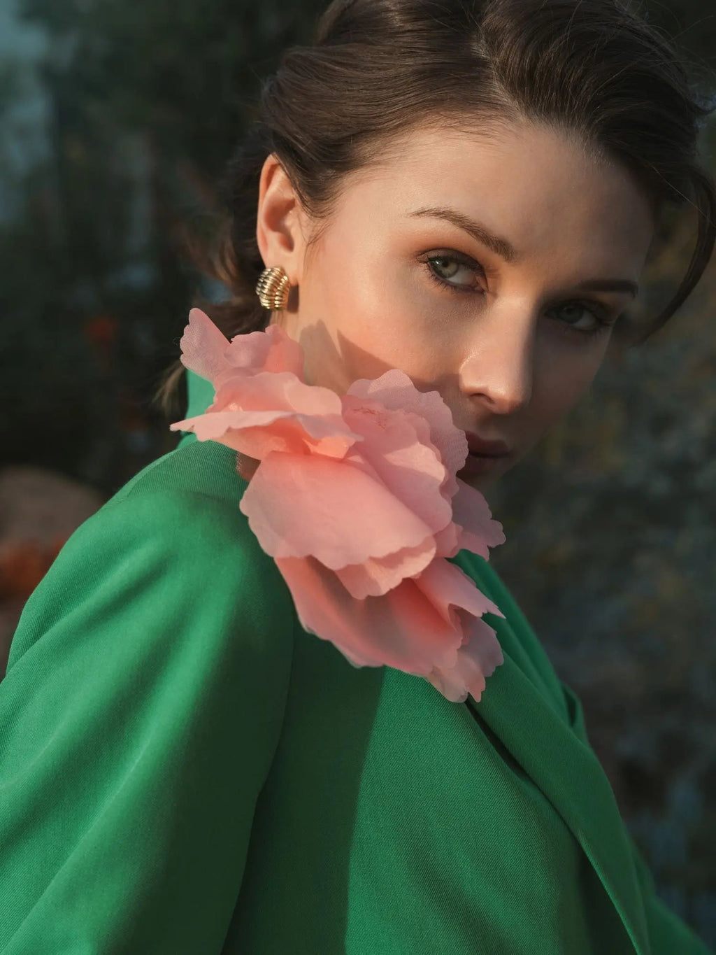 Women's Green Classic Crepe Blazer Jacket With Flower
