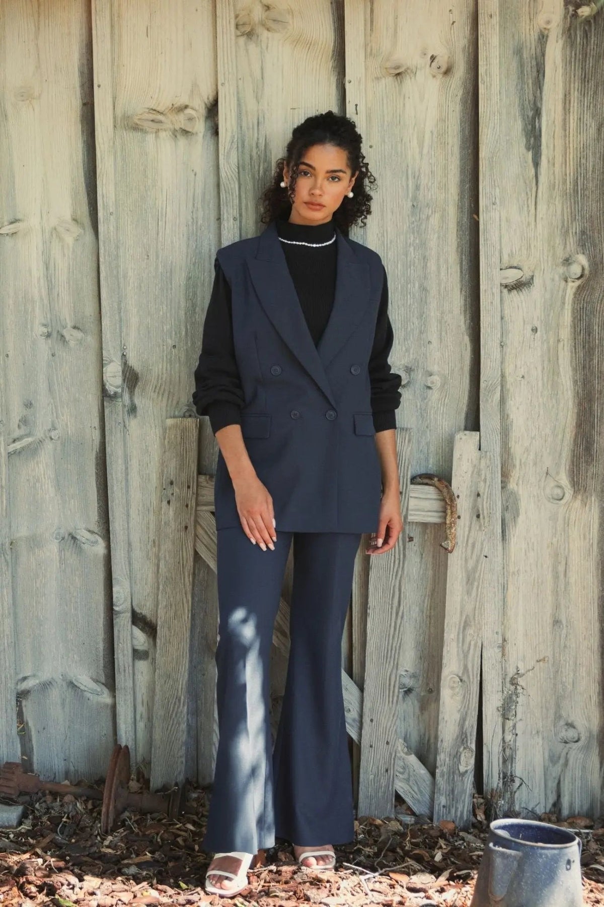 Women's Navy Tailored Crepe Sleeveless Blazer Vest FINAL SALE