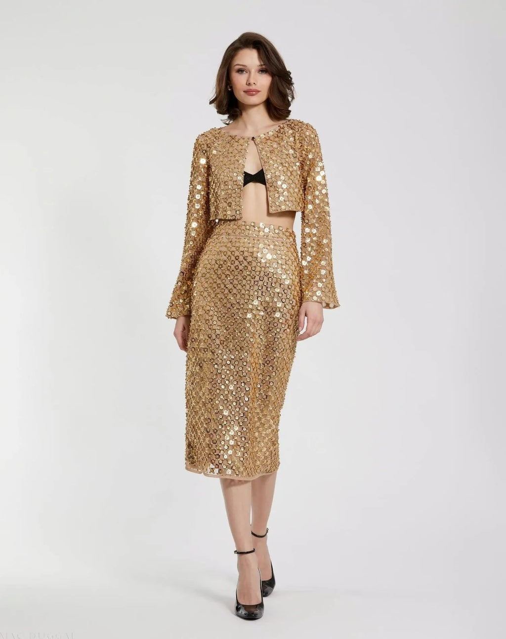 Women's Gold Midi Dress - Gold Sequin Mesh