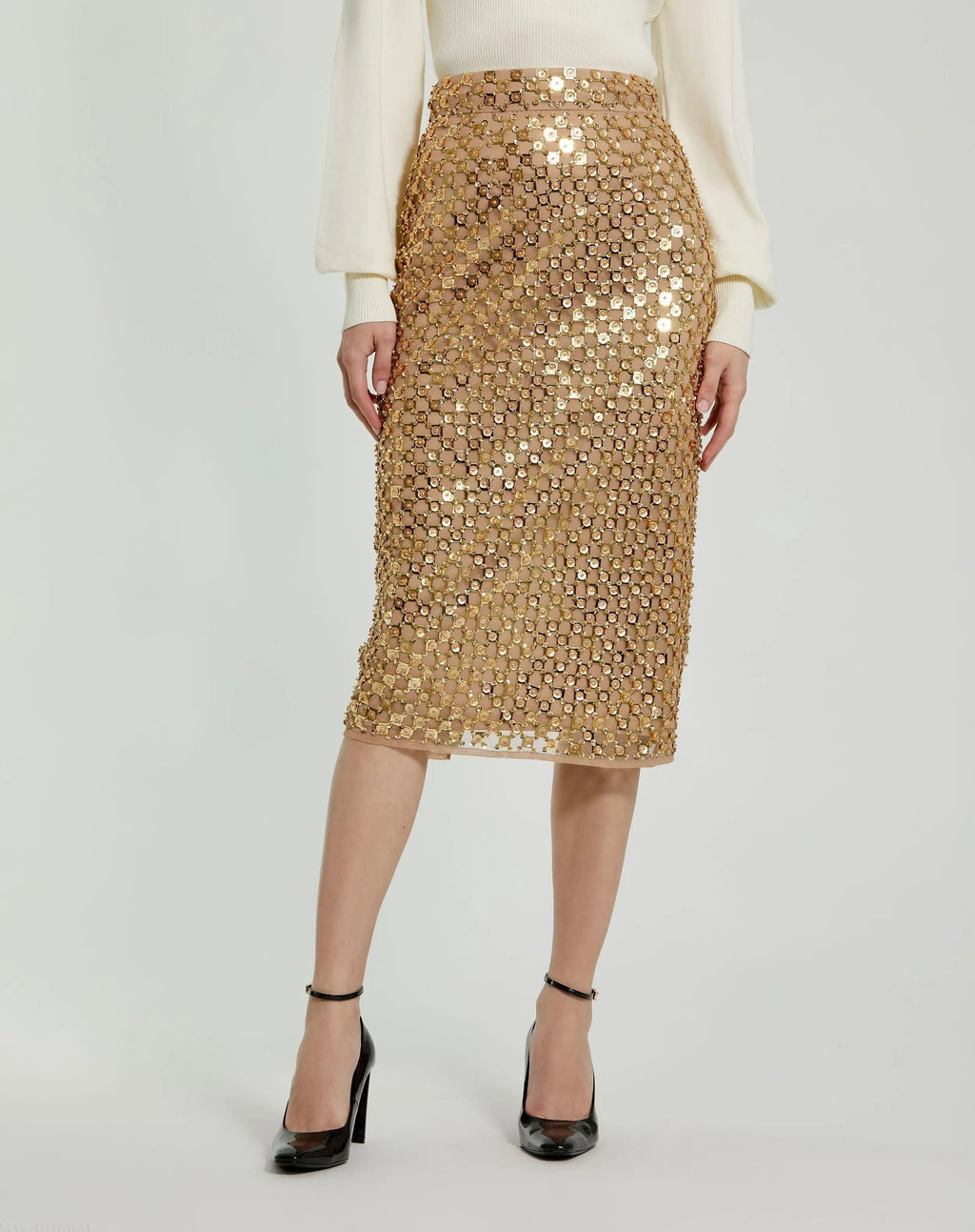Women's Gold Midi Dress - Gold Sequin Mesh