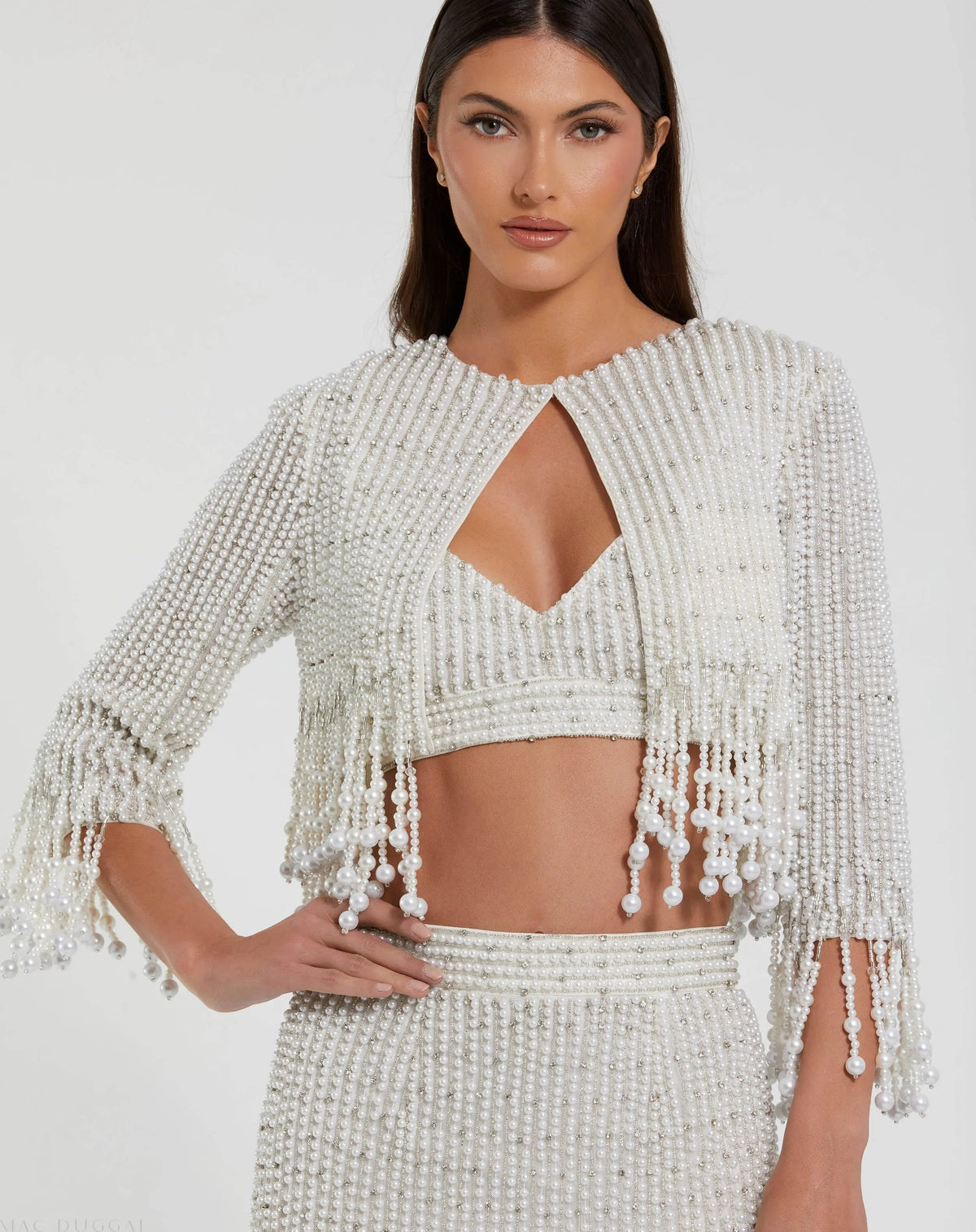 Women's White Pearl Beaded Cropped Jacket