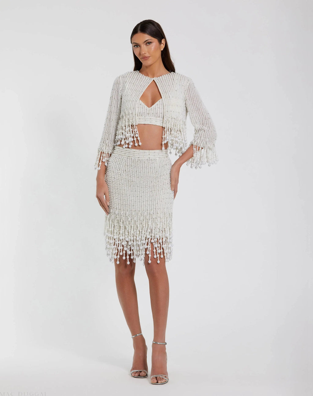 Women's White Pearl Beaded Cropped Jacket
