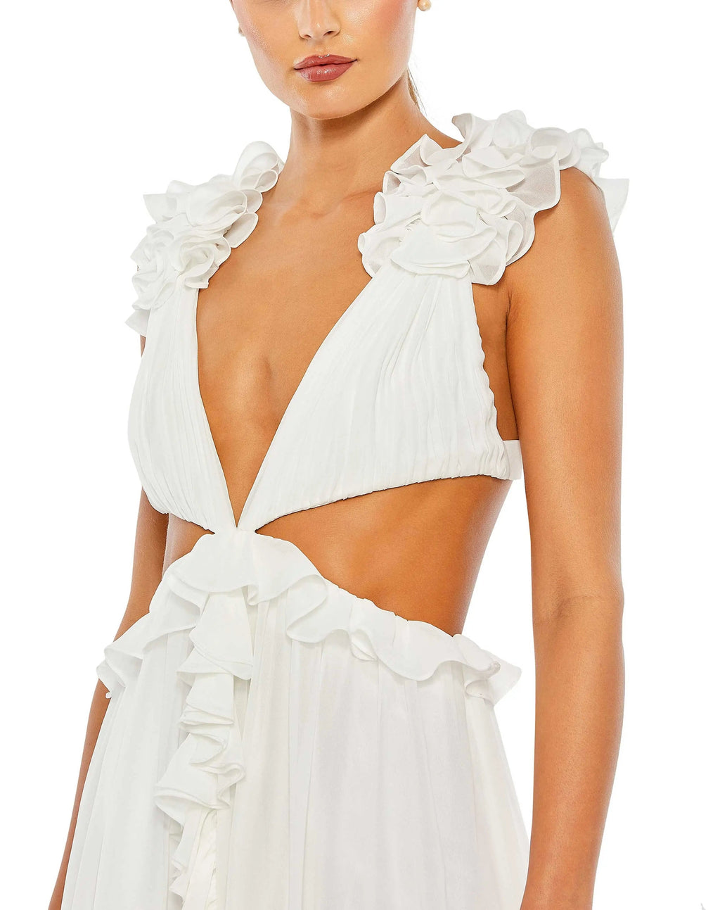 Women's White Mini Dress - White Ruffle Cutout
