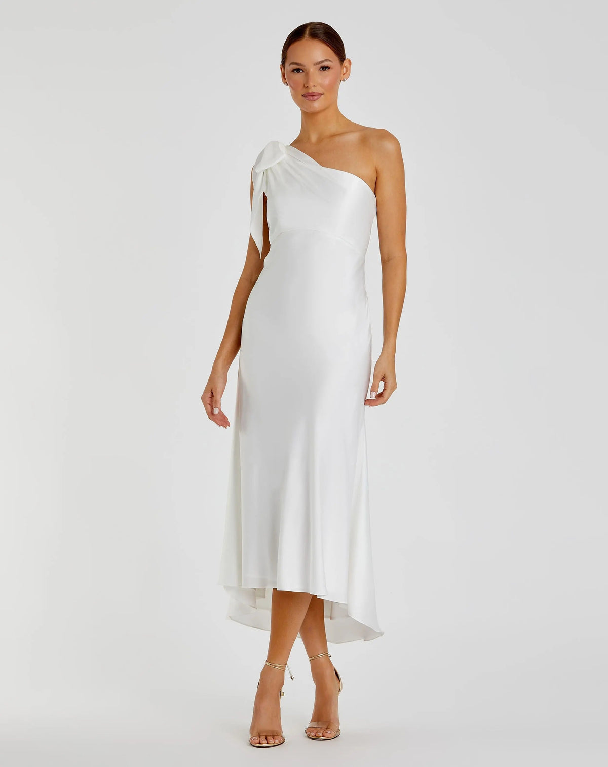 Women's White Midi Dress Satin One Shoulder