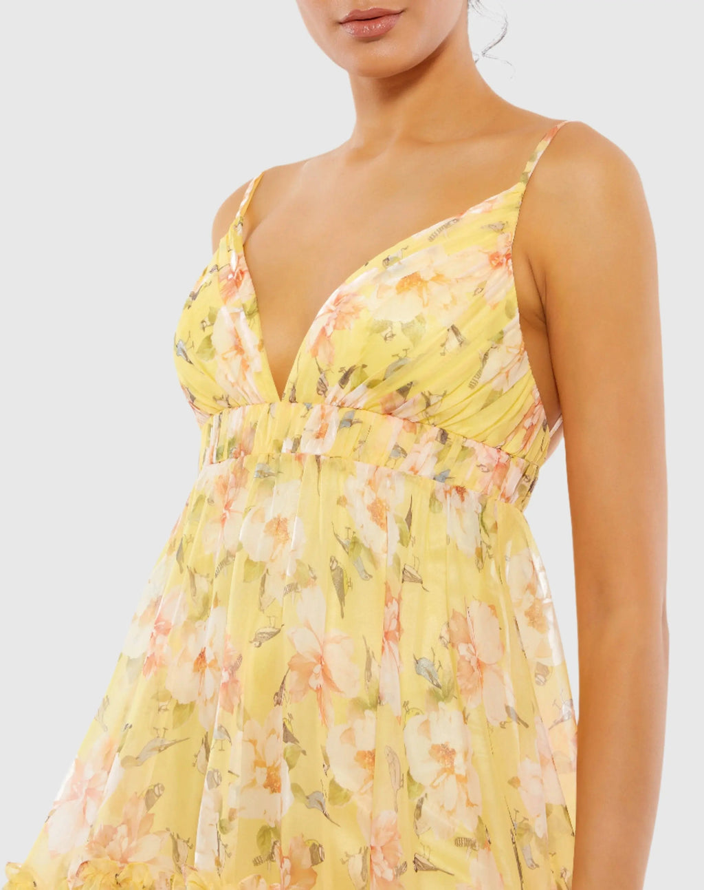 Women's Yellow Mini Dress Floral - Yellow Ruched Ruffle