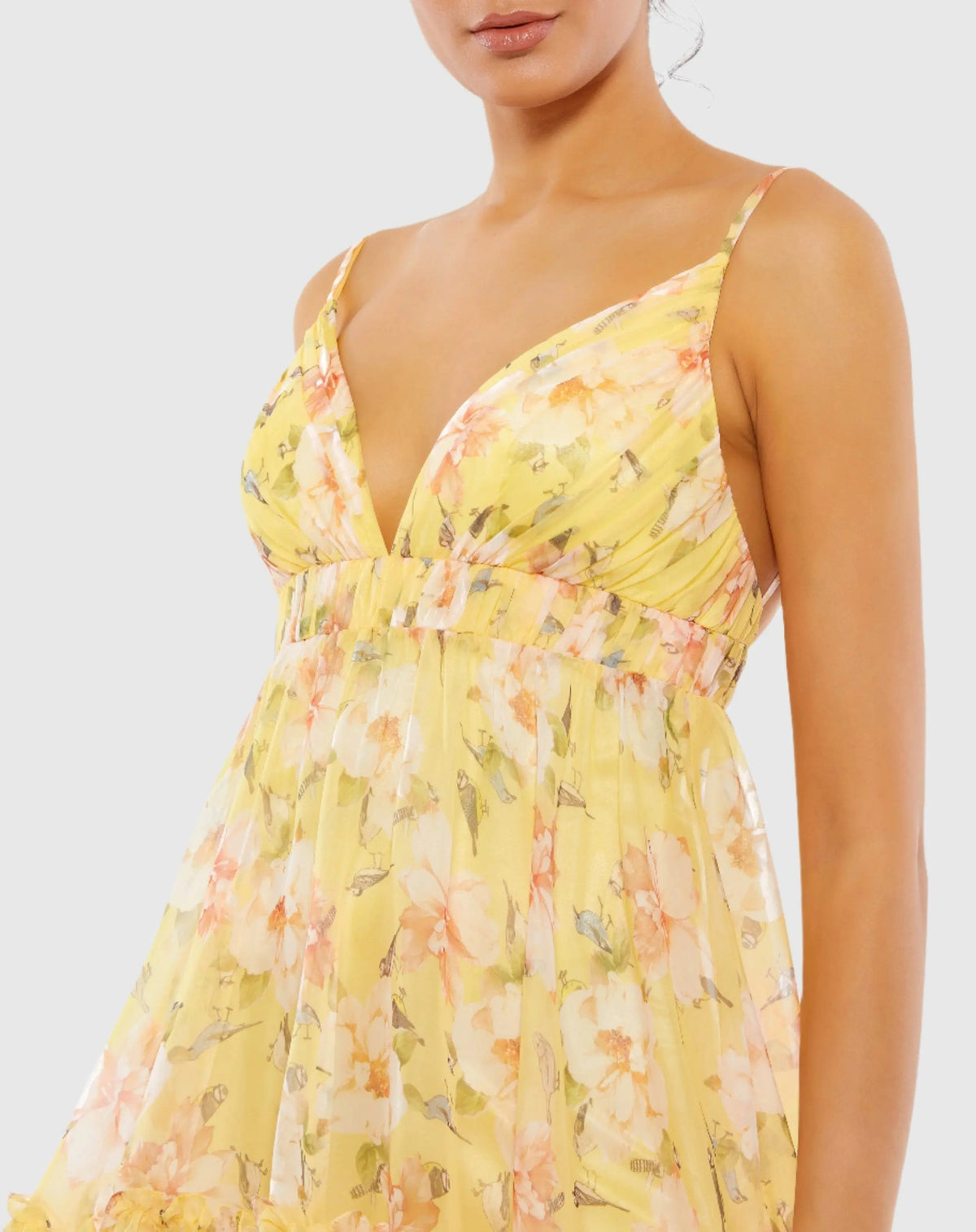 Women's Yellow Mini Dress Floral - Yellow Ruched Ruffle