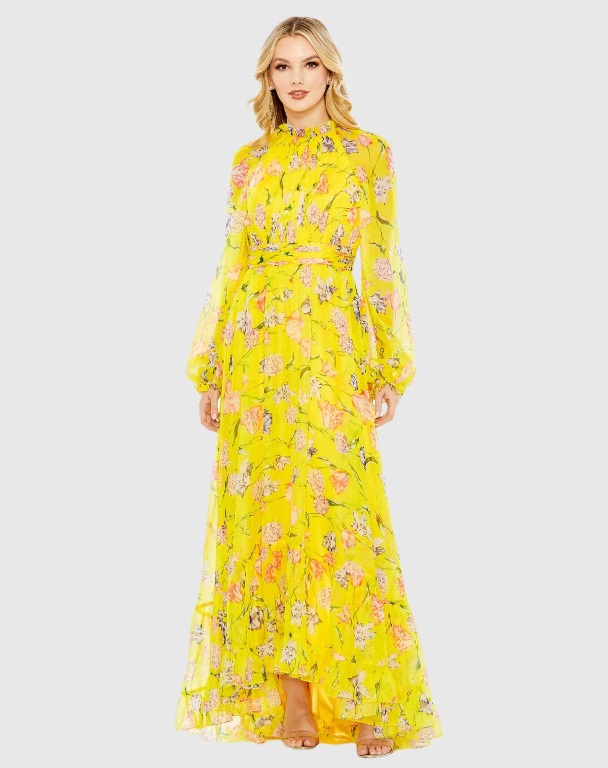 Women's Yellow Dress Floral Ruched - Yellow Chiffon