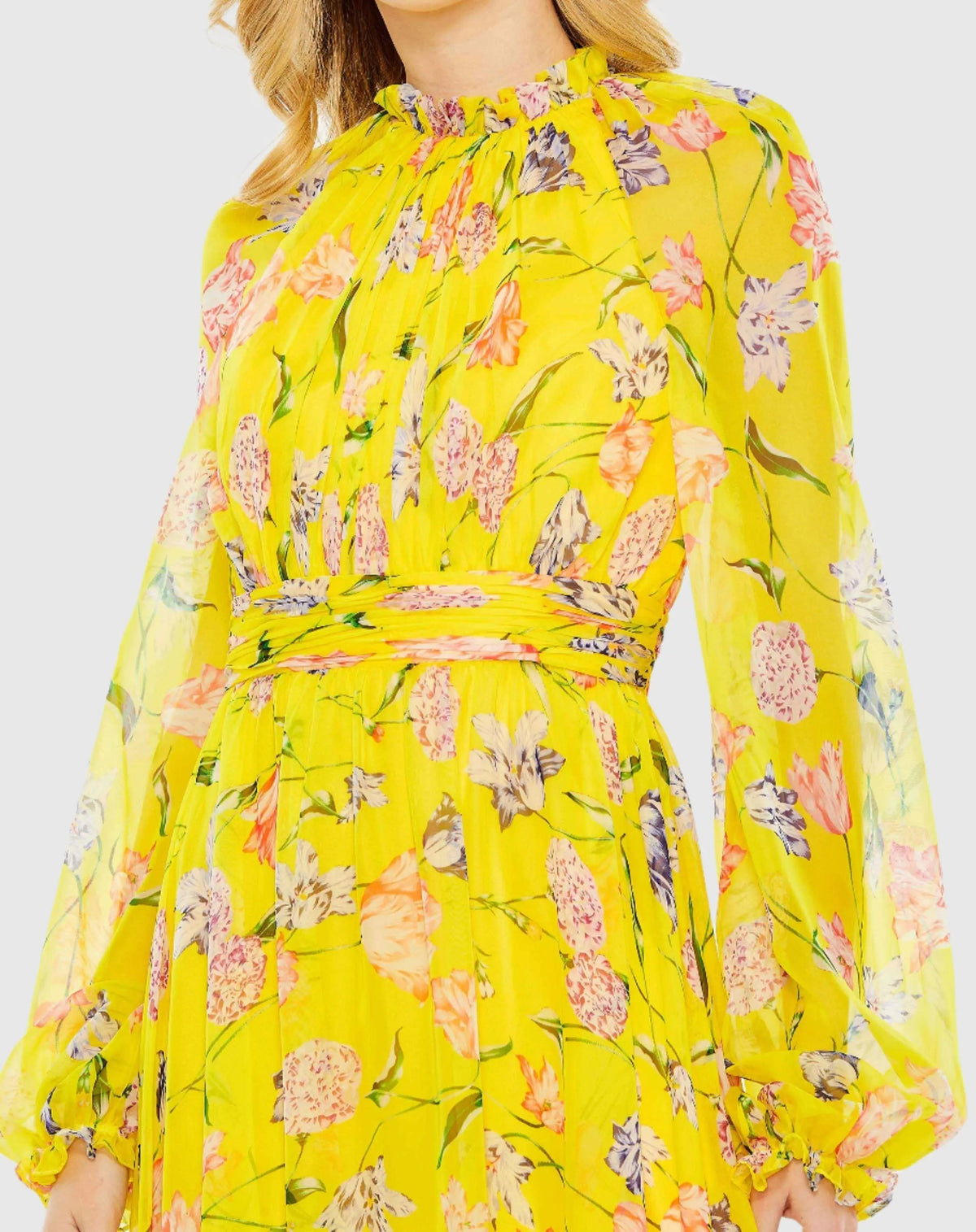 Women's Yellow Dress Floral Ruched - Yellow Chiffon