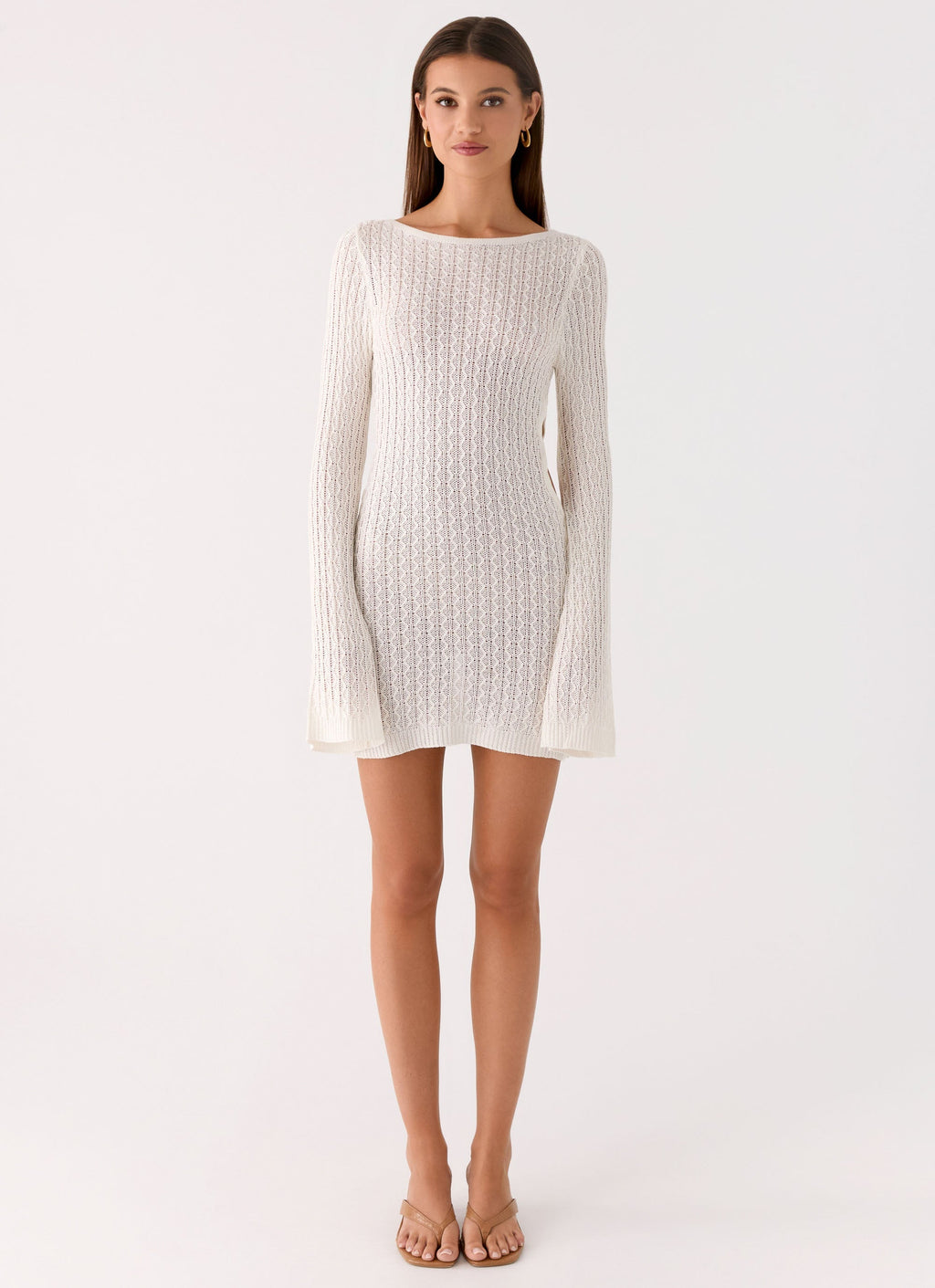 Zenzi Long Sleeve Crochet Mini Dress - White