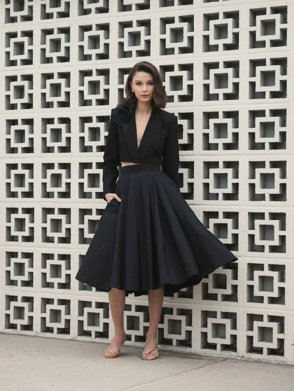 Women's Black Midi Dress - Black Pleated